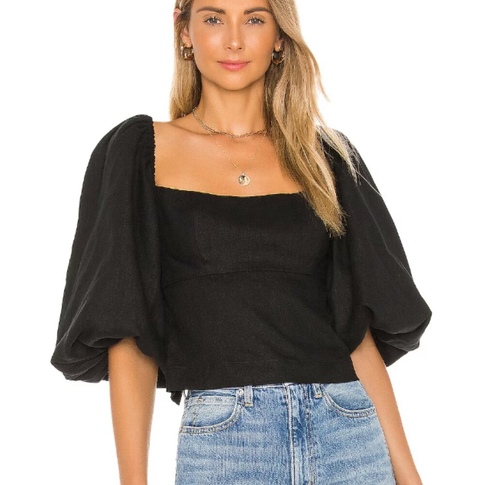 NWT LPA Alice Puff Sleeve Tie‎ Back Linen Top Black Size XS